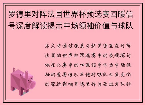 罗德里对阵法国世界杯预选赛回暖信号深度解读揭示中场领袖价值与球队走向