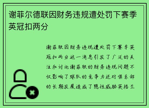 谢菲尔德联因财务违规遭处罚下赛季英冠扣两分